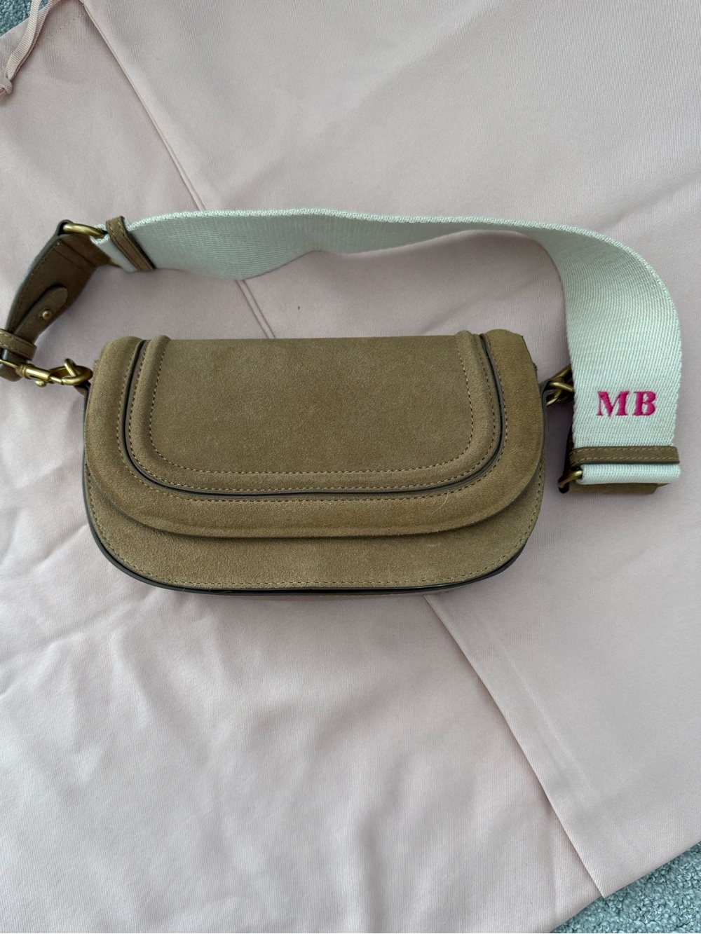 Zara Tan Suede Crossbody with Monogram Strap
